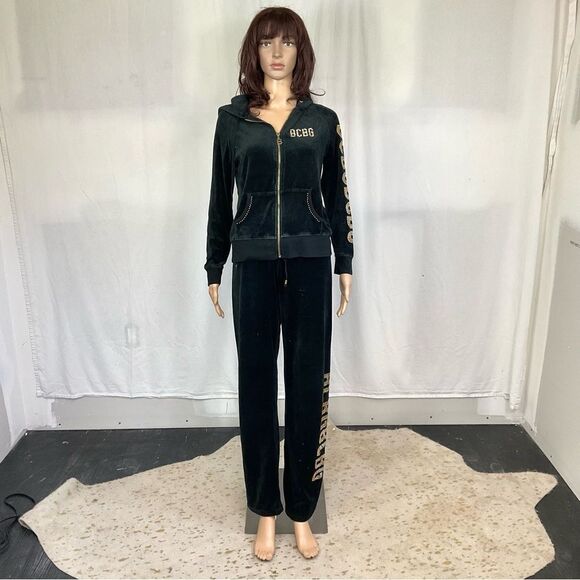 BCBGMaxAzria Y2K Vintage Black Gold Studs Velour Zip Tracksuit Jacket Pants S - Picture 2 of 13